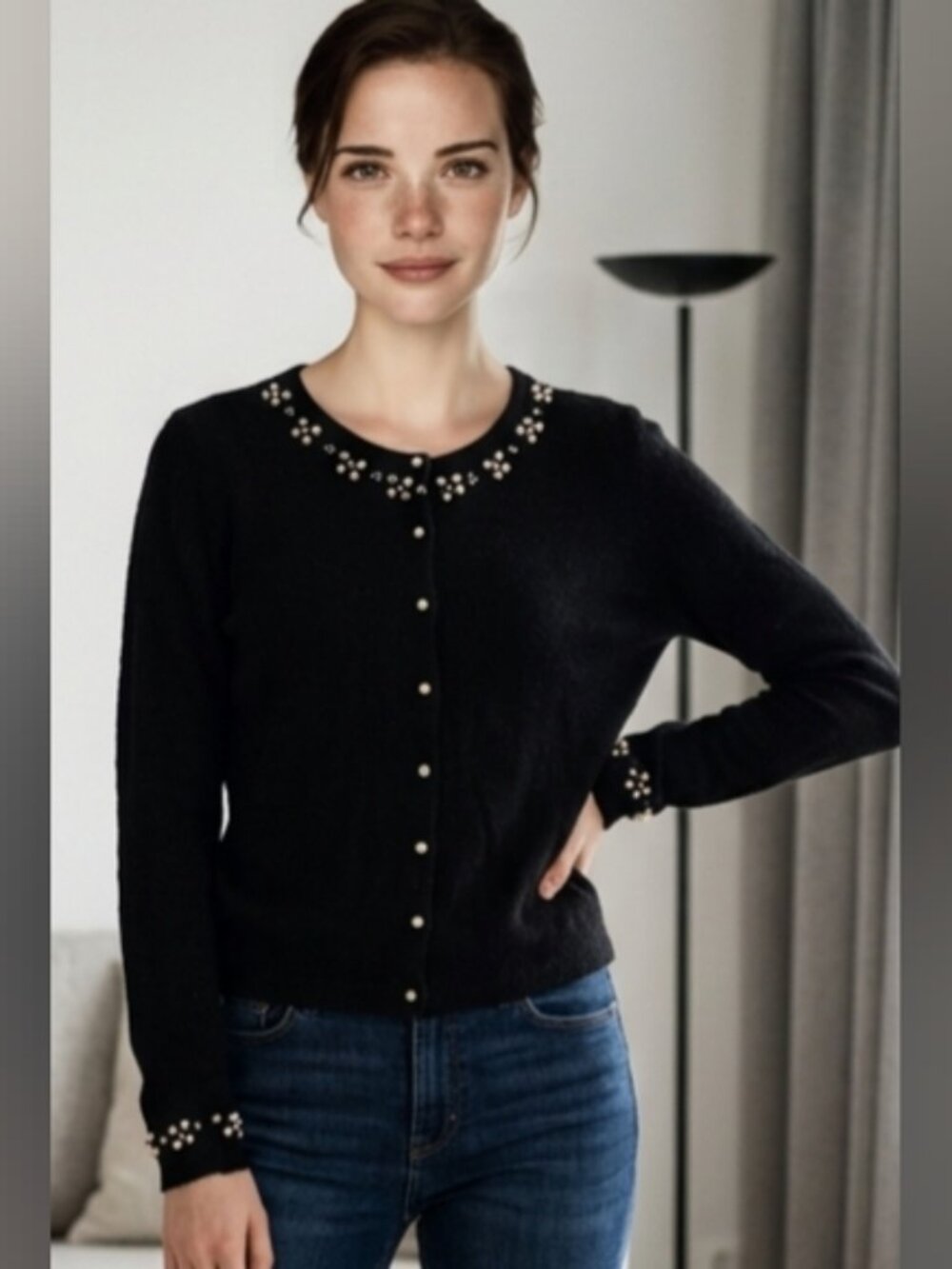 ICE SZ M Black Ramie Angora Blend Long Sleeve Lightweight Pearl Embelish Cardiga